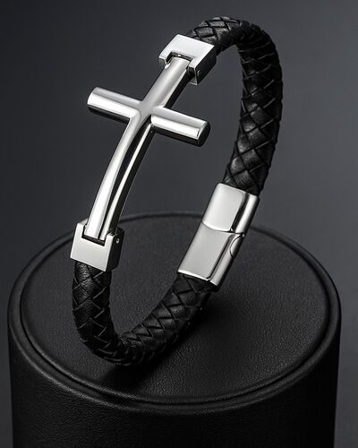 bracelet-cuir-croix-acier-inoxydable-et-or-acier-titane