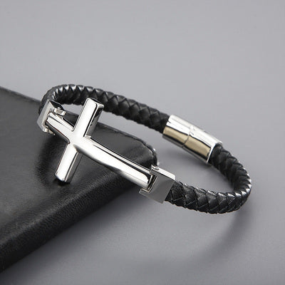 bracelet-cuir-croix-acier-inoxydable-et-or-bijou