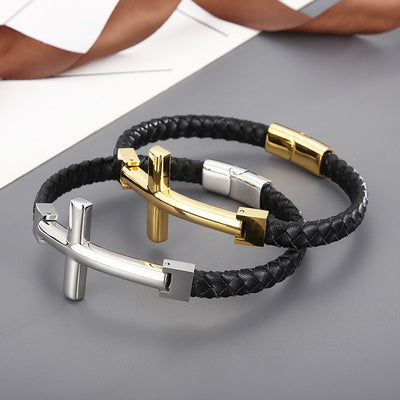 bracelet-cuir-croix-acier-inoxydable-et-or-noble