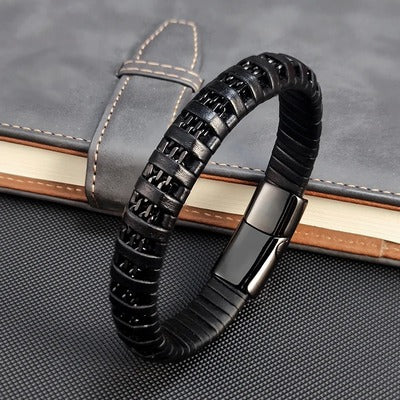 bracelet-cuir-homme-retro-en-cuir-noir-tisse-acier-inoxydable