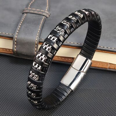 bracelet-cuir-homme-retro-en-cuir-noir-tisse-argente
