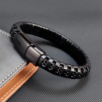 bracelet-cuir-homme-retro-en-cuir-noir-tisse-chaine-metallique