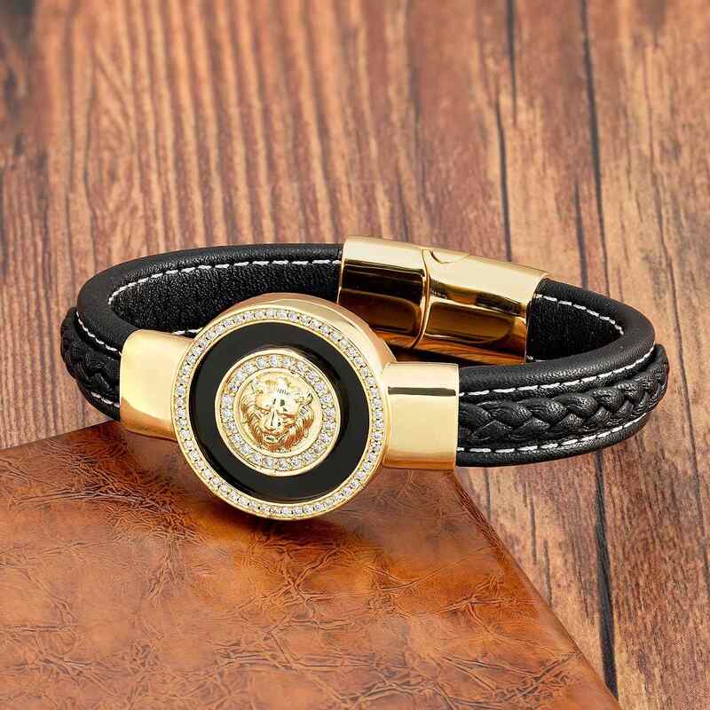bracelet-cuir-homme-tete-de-lion-luxe-dore