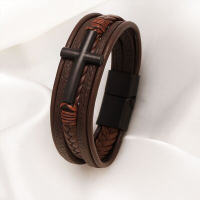 bracelet-cuir-pour-homme-croix-fermoir-magnetique-marron