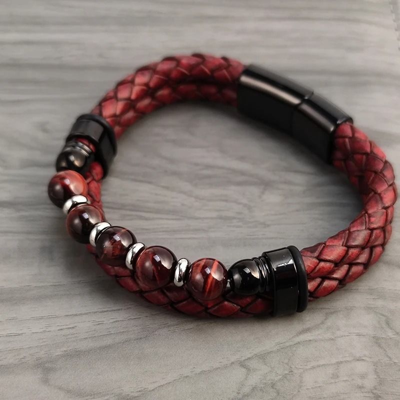 bracelet cuir pour homme | tressé perles rouges - Essentieldubienetre