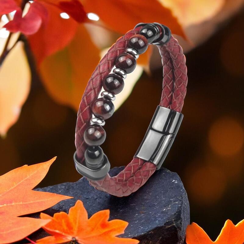 bracelet cuir pour homme | tressé perles rouges - Essentieldubienetre