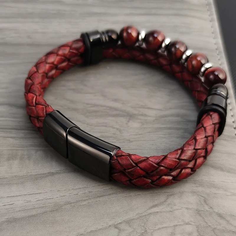 bracelet cuir pour homme | tressé perles rouges - Essentieldubienetre
