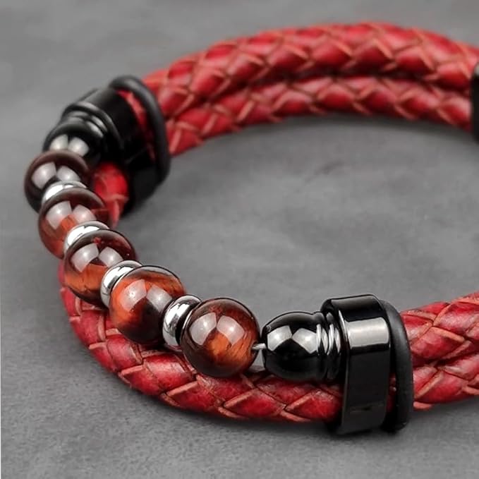 bracelet cuir pour homme | tressé perles rouges - Essentieldubienetre