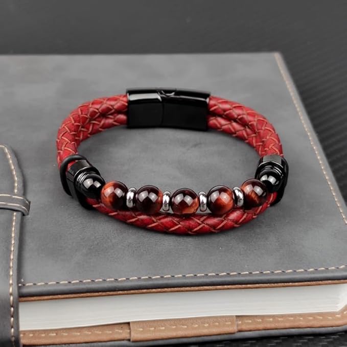 bracelet cuir pour homme | tressé perles rouges - Essentieldubienetre