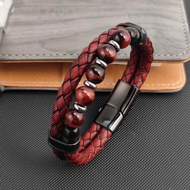 bracelet cuir pour homme | tressé perles rouges - Essentieldubienetre