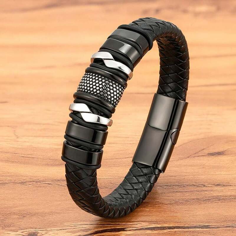 bracelet-homme-cuir-corde-tressee-acier-inoxydable-noir