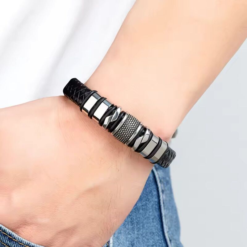 bracelet-homme-cuir-corde-tressee-acier-inoxydable-resistant