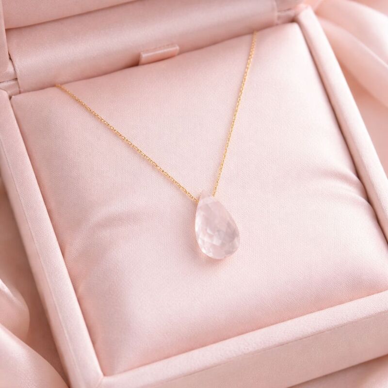 collier or quartz rose goutte pierre semi precieuse