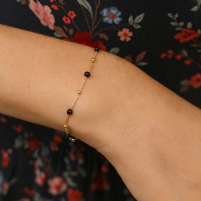 Bracelet-Femme-Argent-Dore-Spinelle-Noir-Ajustable-Elegance
