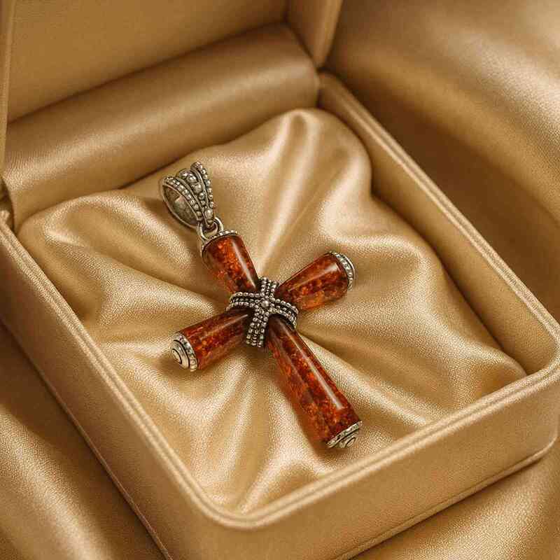Croix-pendentif-Argent-et-Ambre-Cognac-Baltic-reflet-ambre