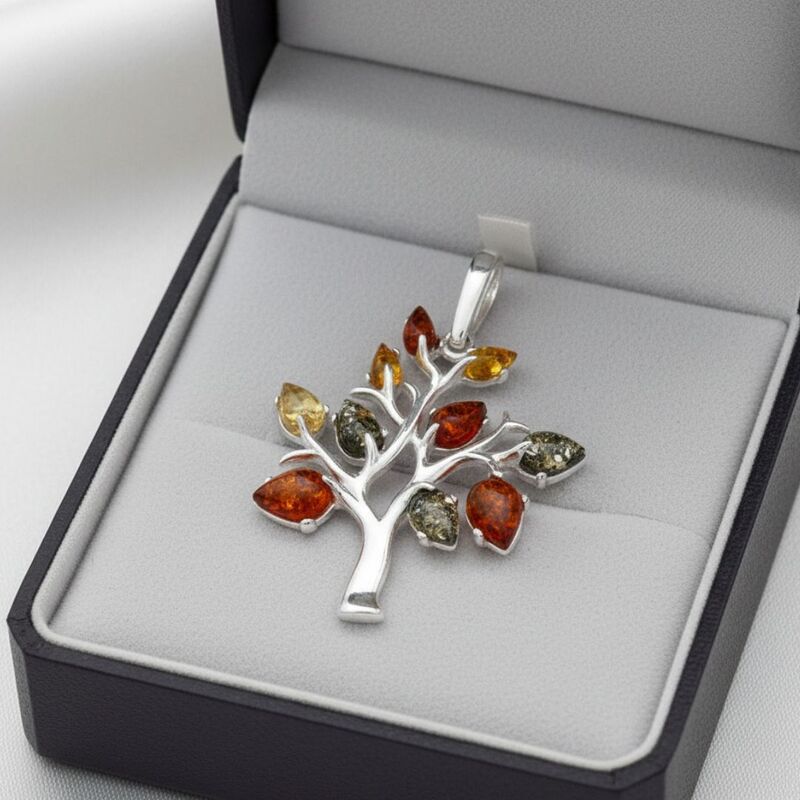 Pendentif-Arbre-de-Vie-Argent-Rhodie-Ambre-Multicolore-Baltique-forme-goutte