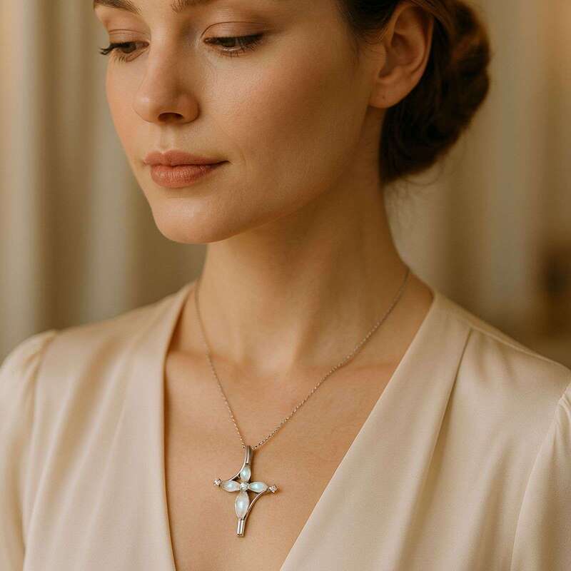 Pendentif-Croix-en-Opale-d-Australie-Argent-Rhodie-reflet-bleute