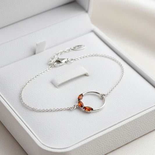 bracelet argent femme | ronde avec ambre cognac navette argent rhodié 925