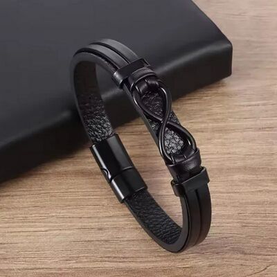 bracelet-cuir-Pour-Hommes-infini-avec-fermoir-magnetique-noir