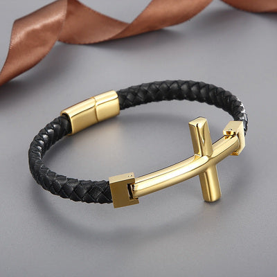 bracelet-cuir-croix-acier-inoxydable-et-or-gourmette