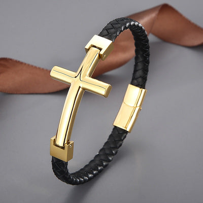 bracelet-cuir-croix-acier-inoxydable-et-or-tresse