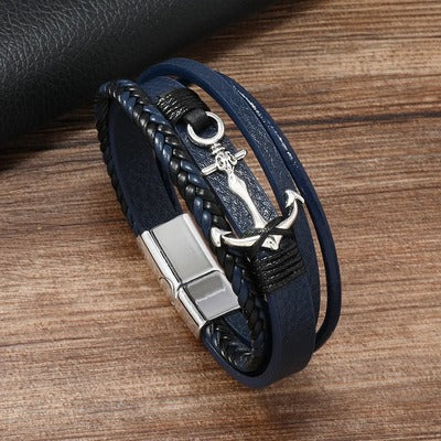 bracelet-en-cuir-homme-ancre-multicouche-tresse-bleu