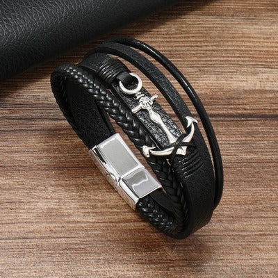 bracelet-en-cuir-homme-ancre-multicouche-tresse-boucle-magnetique