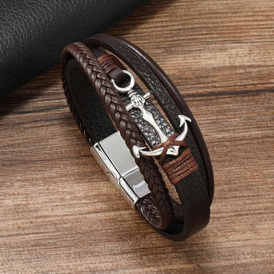 bracelet-en-cuir-homme-ancre-multicouche-tresse-marron