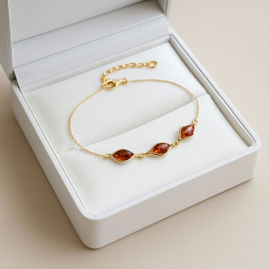 bracelet femme | en argent doré 925 ambre cognac goutte - Essentieldubienetre