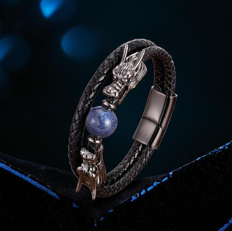 bracelet homme cuir | lapis - lazuli dragon - Essentieldubienetre
