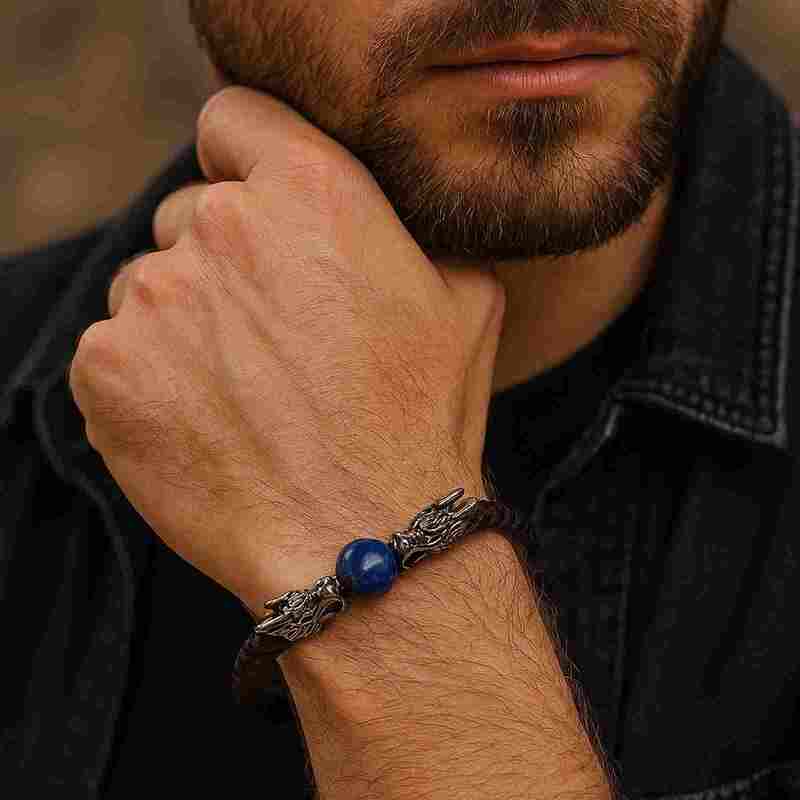 bracelet homme cuir | lapis - lazuli dragon - Essentieldubienetre