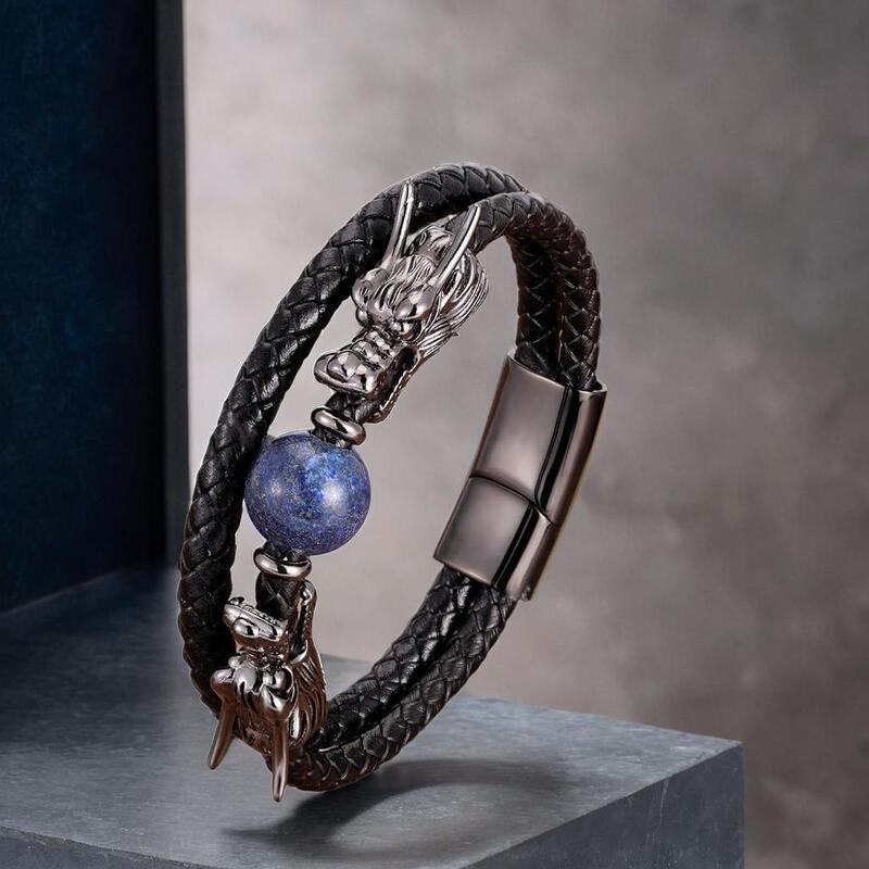 bracelet homme cuir | lapis - lazuli dragon - Essentieldubienetre