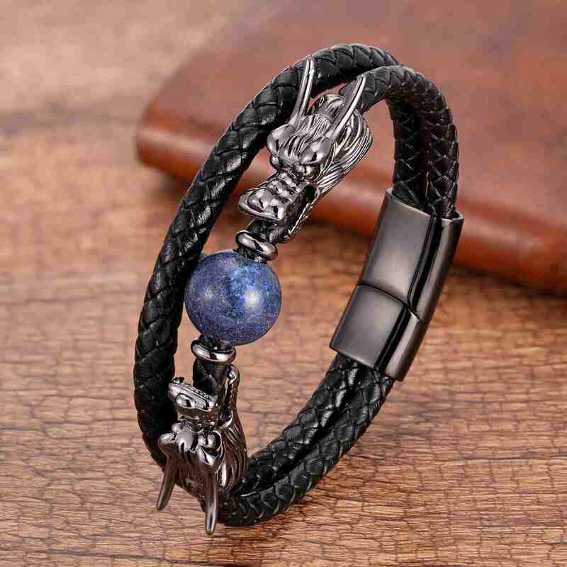 bracelet homme cuir | lapis - lazuli dragon - Essentieldubienetre