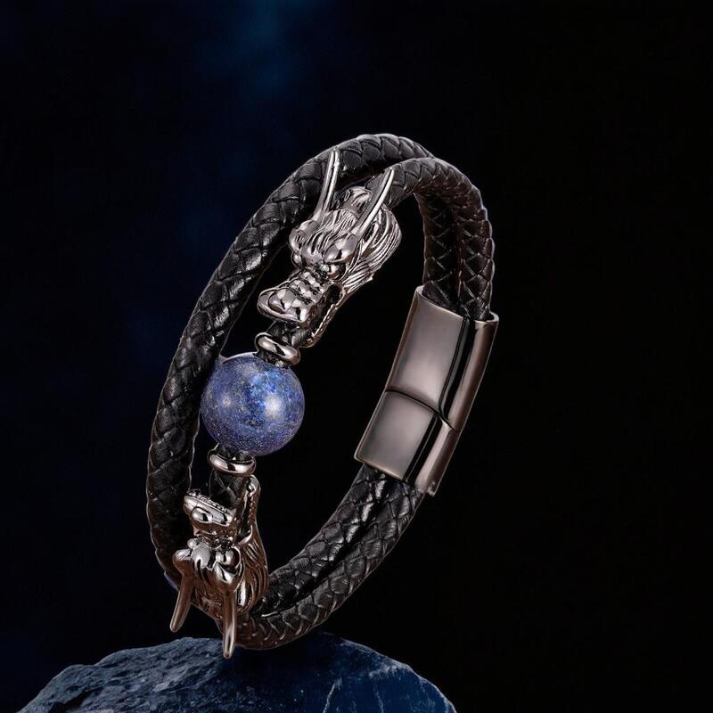 bracelet homme cuir | lapis - lazuli dragon - Essentieldubienetre