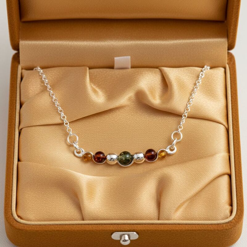 collier argent ambre multicolore baltique chakra du plexus solaire