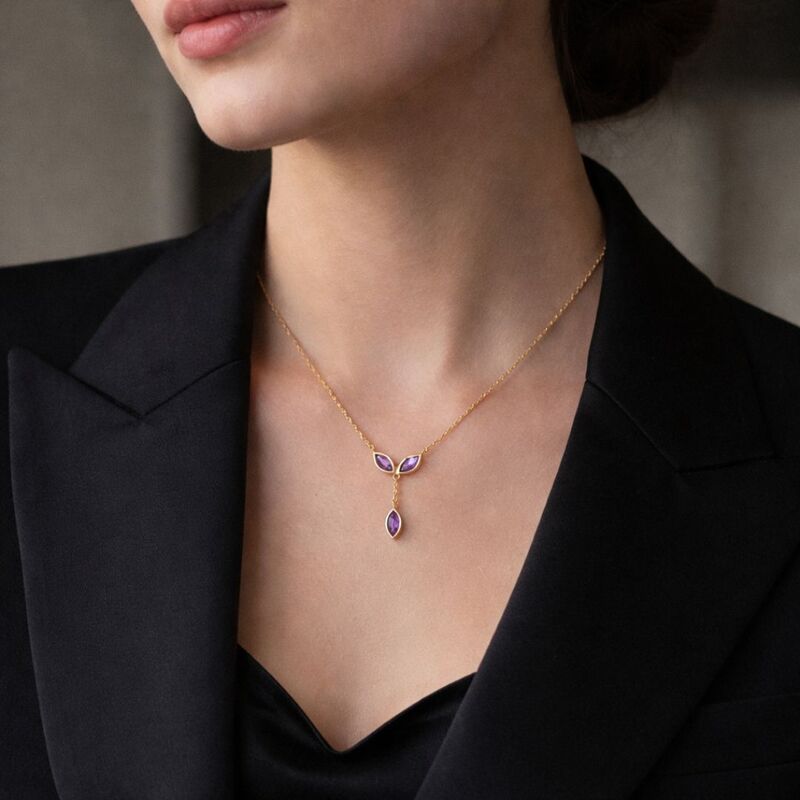 collier charms amethyste argent dore 925 pierre naturelle