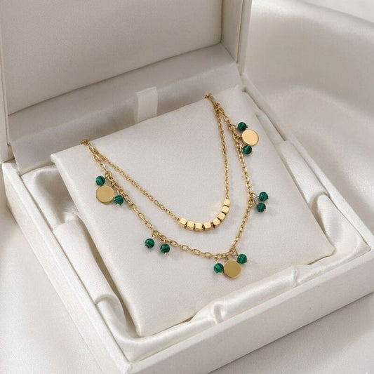 collier charms lapis lazuli malachite double rang acier dore