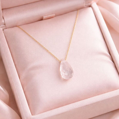 collier or quartz rose goutte pierre semi precieuse
