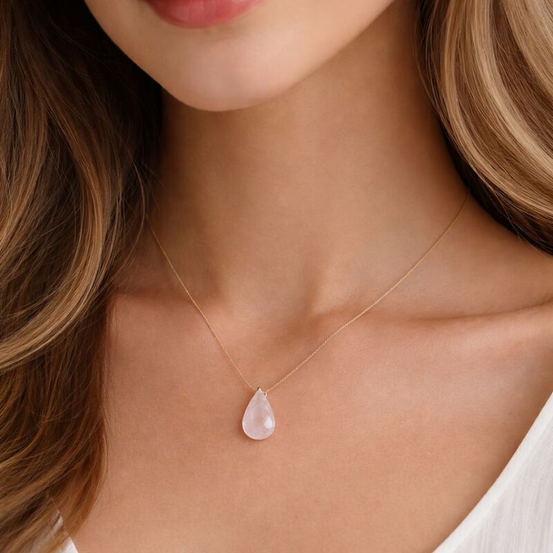 collier or quartz rose goutte rose naturel