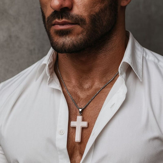 pendentif croix homme | quartz rose élégance - Essentieldubienetre