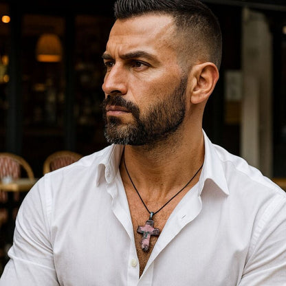 pendentif croix homme | rhodonite protection