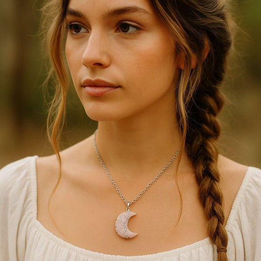 pendentif lune quartz rose arbre de vie